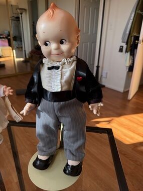 Vintage 1967 Kewpie Collectable Doll in Black,Gray and Cream Tuxedo Outfit, 16”